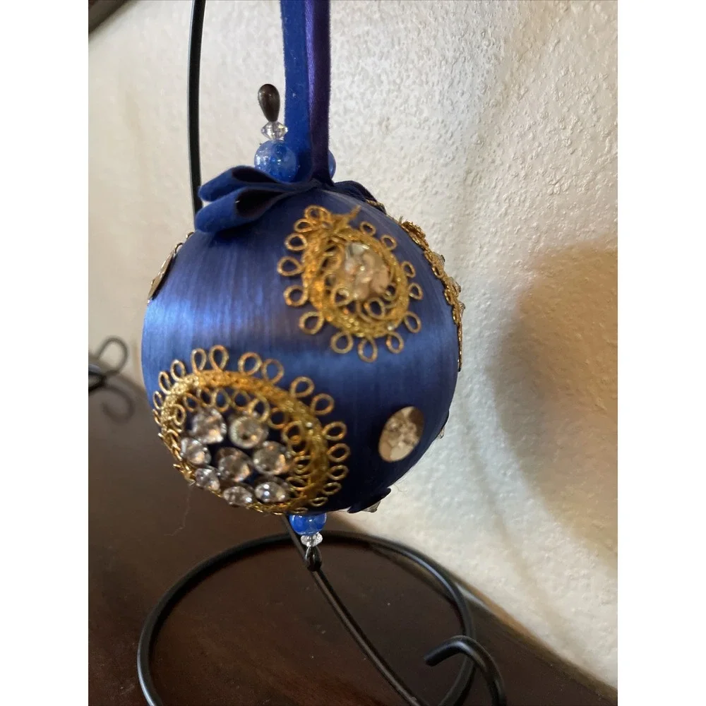 Vintage Bead‎ Sequin Push Pin Christmas Tree Ornament Blue Satin Completed